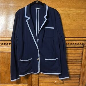 Crown & Ivy Navy Blue Seersucker Trim 2 Button Jacket Blazer New